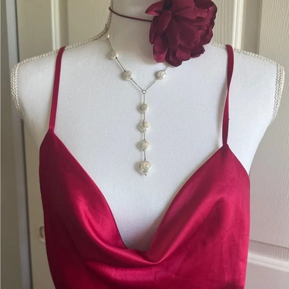 Gorgeous Romantic Coquette Cherry Satin Midi Dress with Cowl neckline - Picture 4 of 8